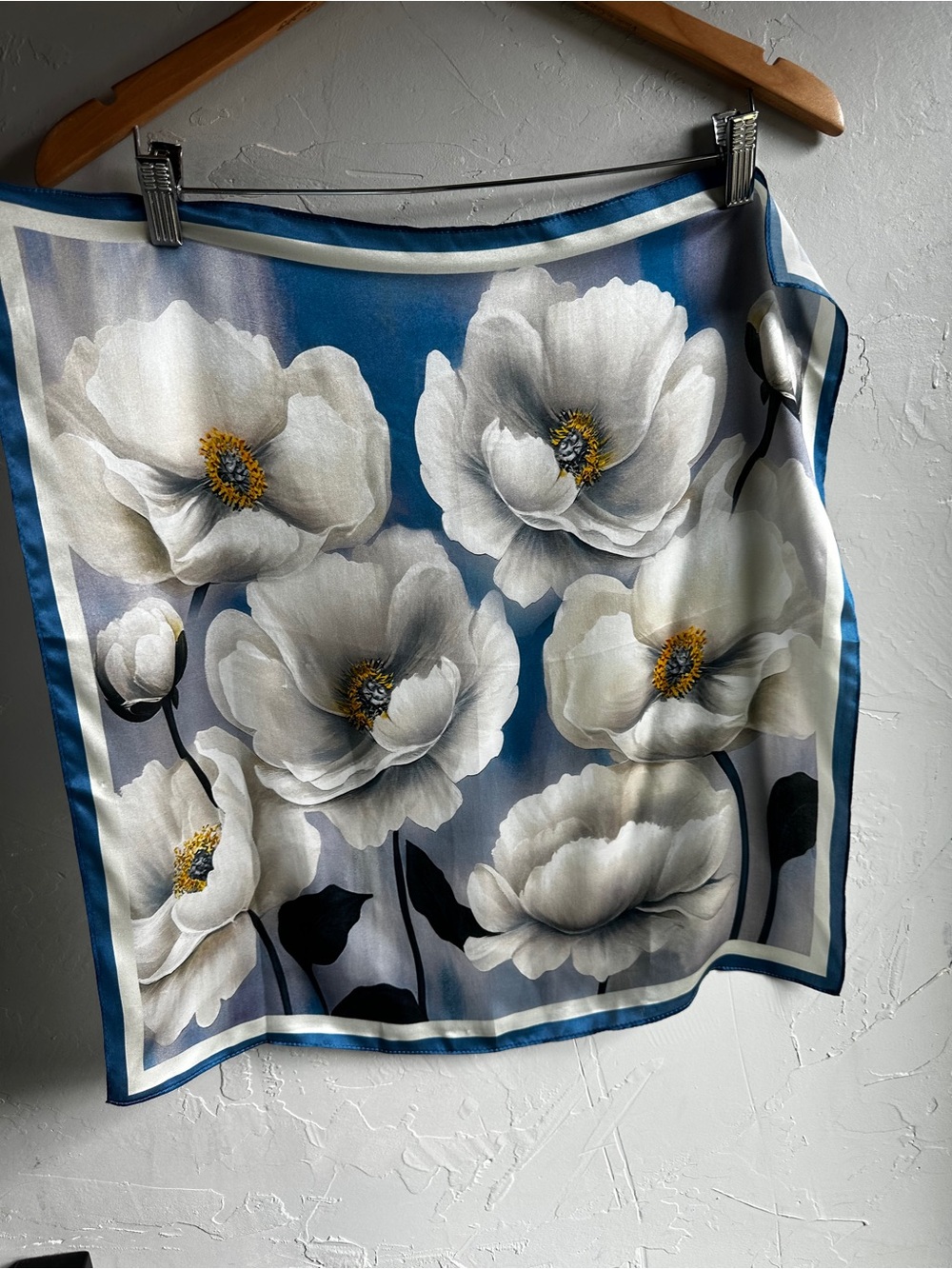 Vintage Floral Satin Scarf Blue Cottagecore French Girl Romantic 20x20